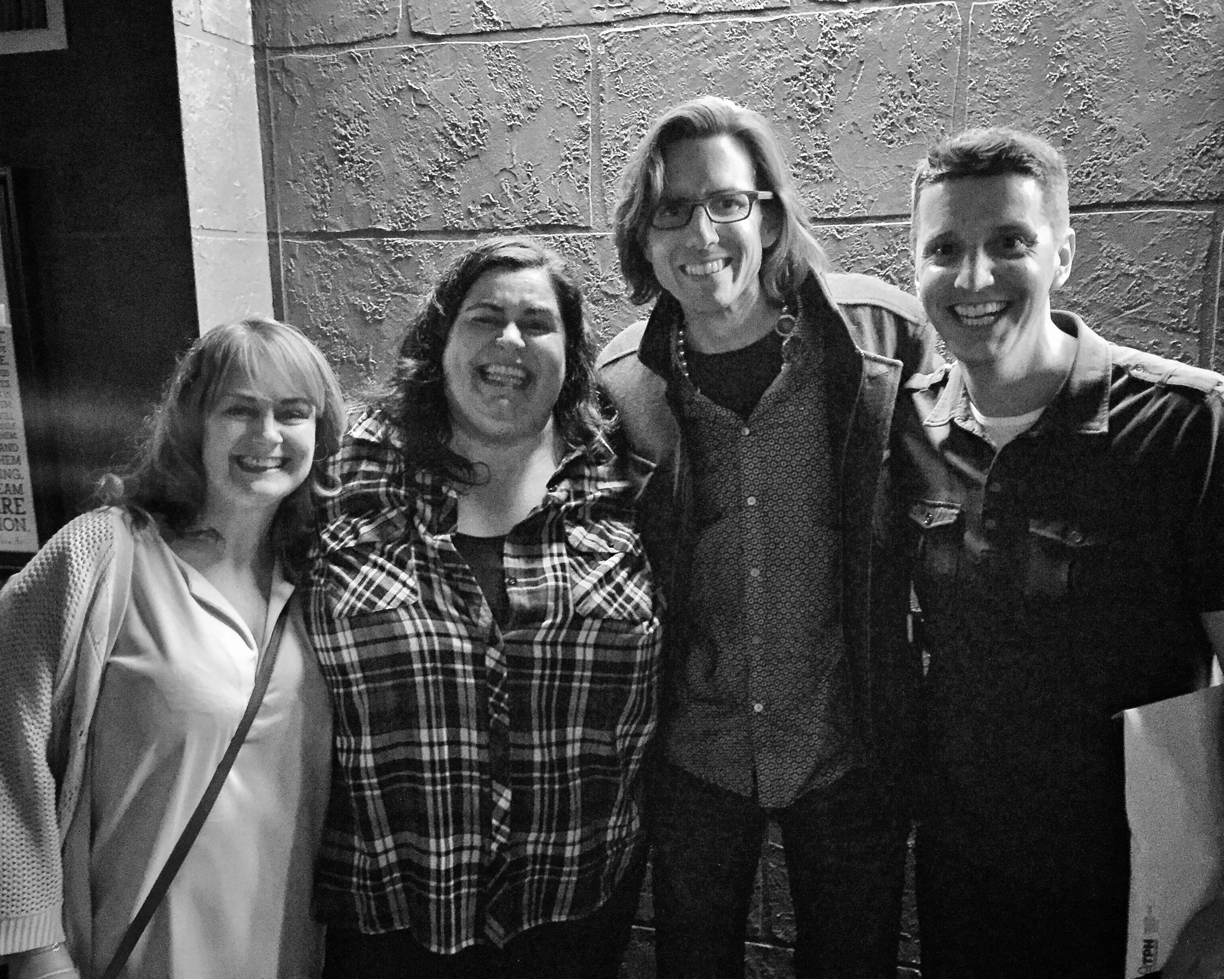 Comedians Debra DiGiovanni (2nd from left) and Ted Morris (far right) with a couple fans