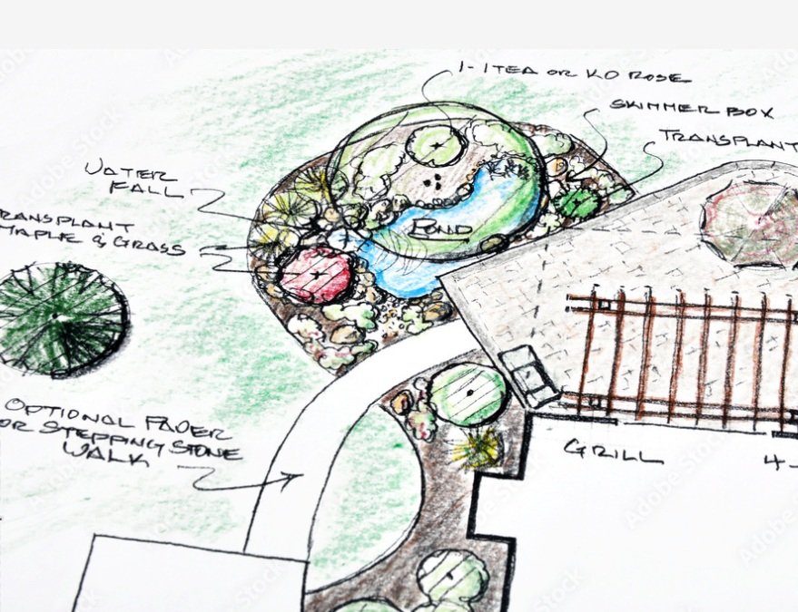 Hand-drawn Blooming Valley Landscape planting plan sketch showing bed layout and plant placement