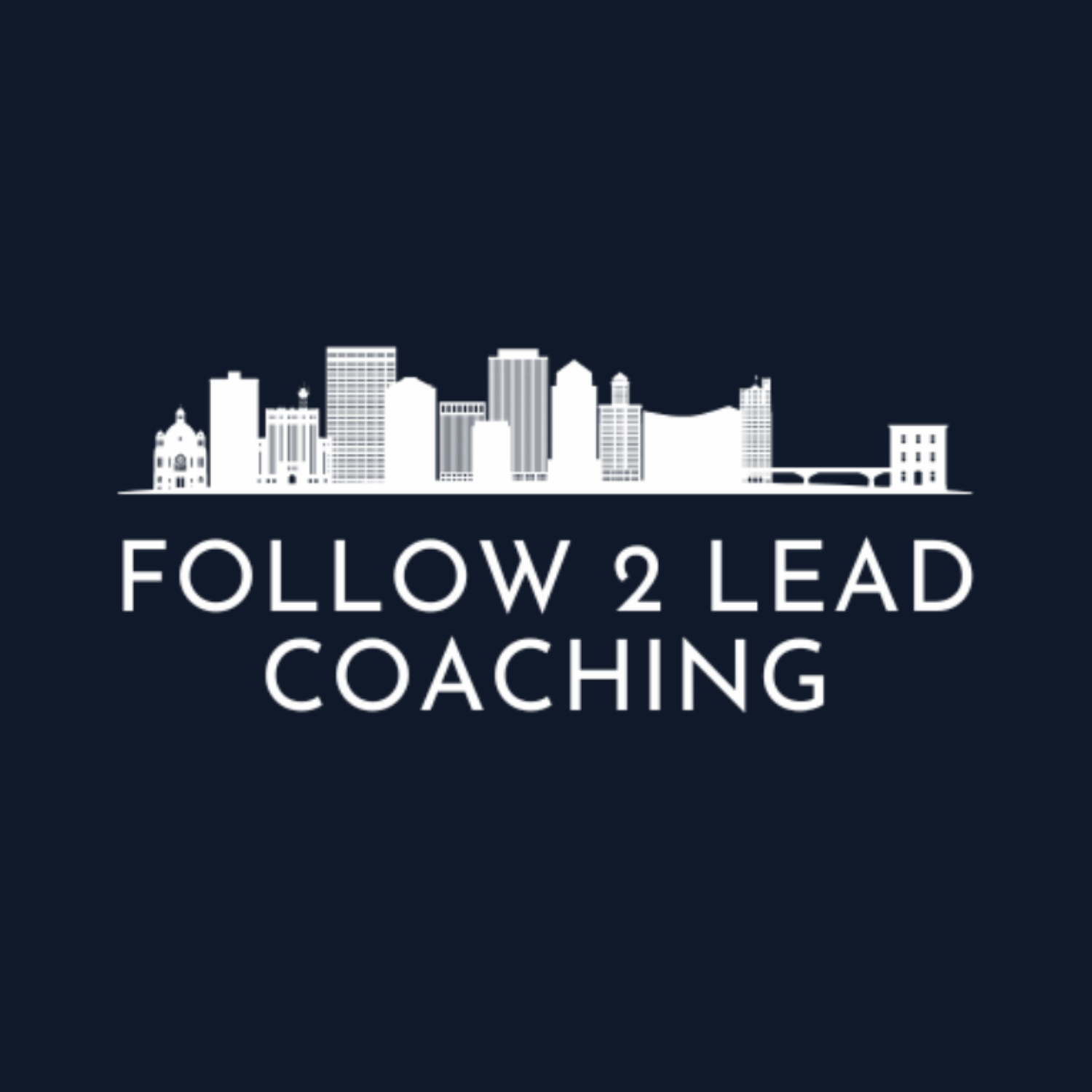 Logo with city skyline graphic above the text 'Follow 2 Lead Coaching' on a dark background.