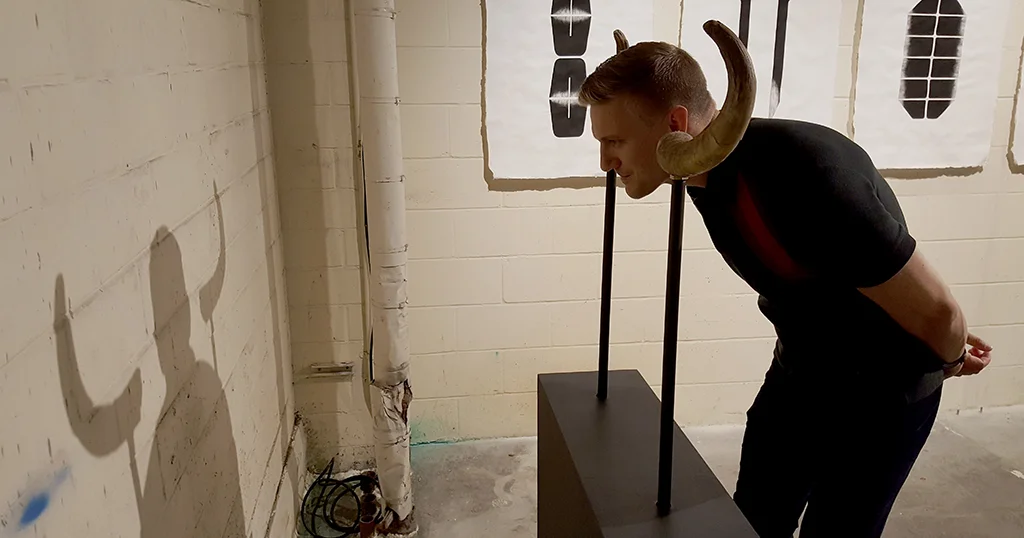 Pastorale Bovinae (Night) , cattle horn, wood, steel, paint, and field recordings. This piece positions the listener as a bovine individual wherein multi-layered soundscapes of the cattle world emanates from the hollow horn crusts of a previously slaughtered animal. In this iteration, an evening soundscape produces sounds from insects, owls, distant trains, and the rhythmic sounds of cattle breathing. 
