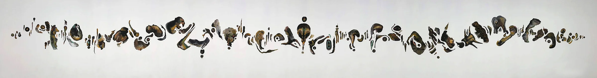 The linear organization of the installation at Rajasthan Lalit Kala Akademi evokes genealogies, script, musical systems, and notions of cause and effect.