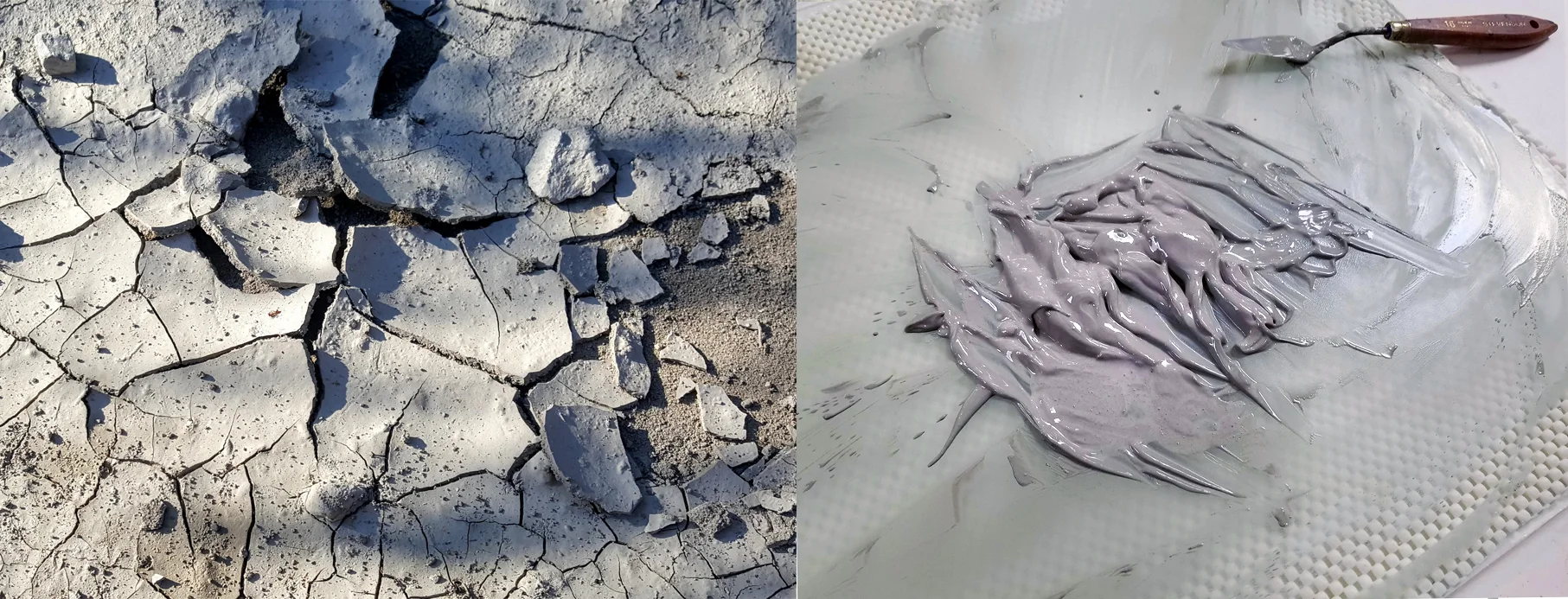 Raw clay sample, Bluffer’s park (left); Bluffer’s Grey made from refined pigment (right).