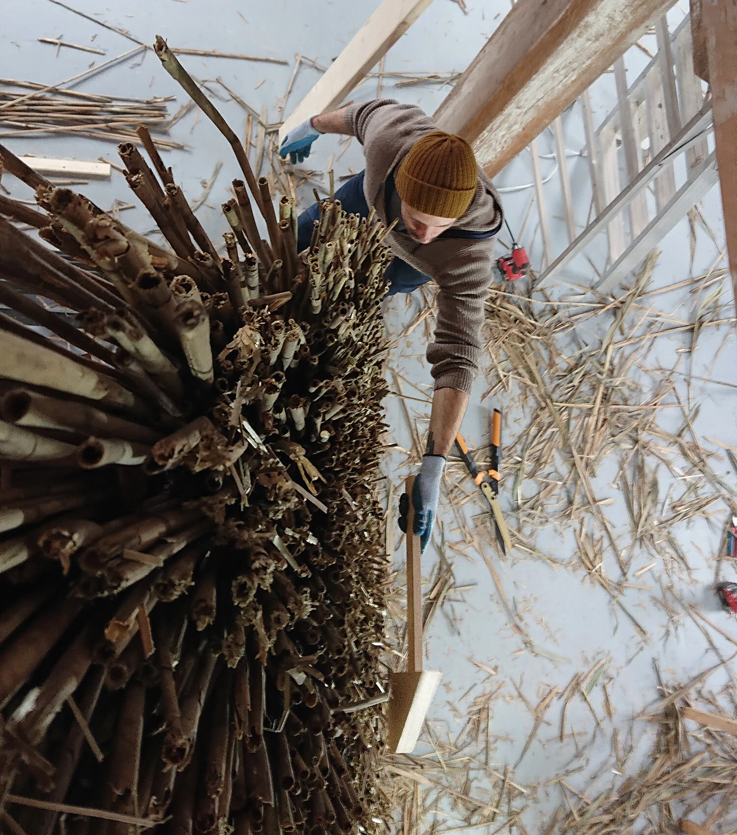  Hammering thatched reed in the inverse - a nod to the concept of human folly. Should the structure be relocated outdoors, rain water would be captured and delivered into the folly’s interior.   Photo by Harry Knight. 