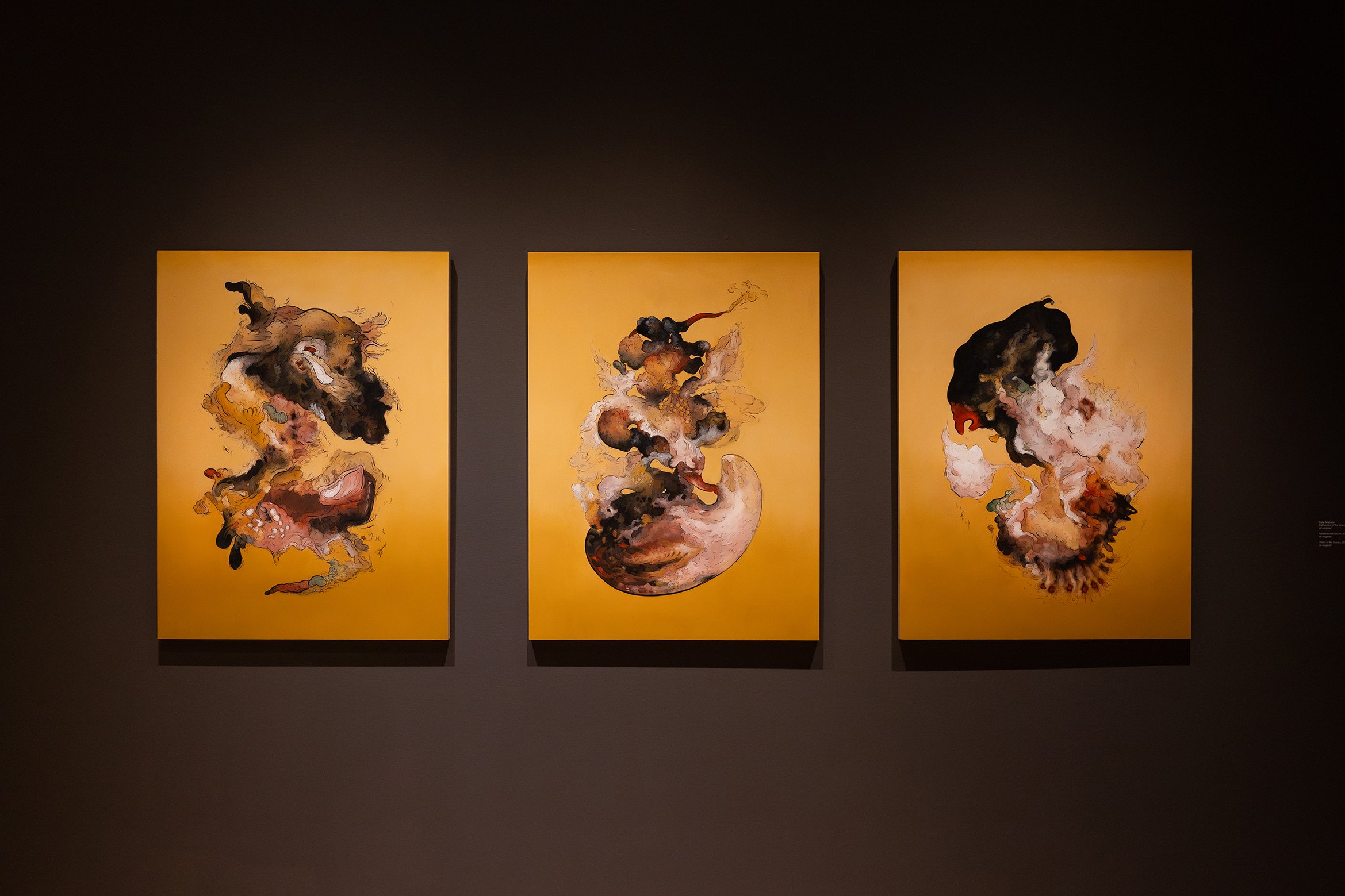   The Graces , oil-bound mineral colour on panel. 40” x 30” each. 2024.   This triptych of panel paintings is based on a close study of three miniatures made in the  Meditations  series.  