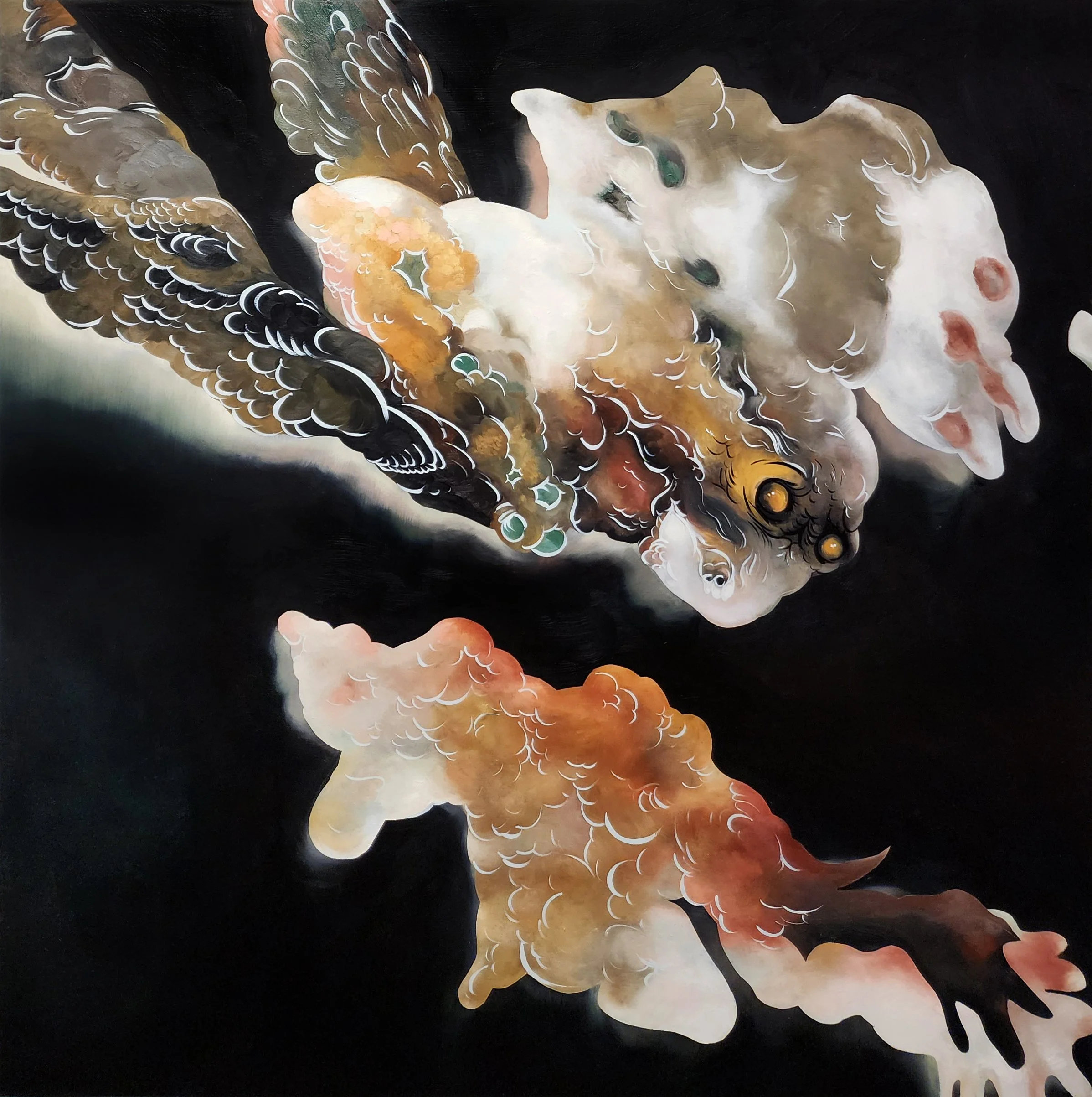   Cherub , oil-bound mineral colours on panel, 40” x 40”, 2025.   This panel painting is a response to the miniature painting  Meditation (Cherub).   