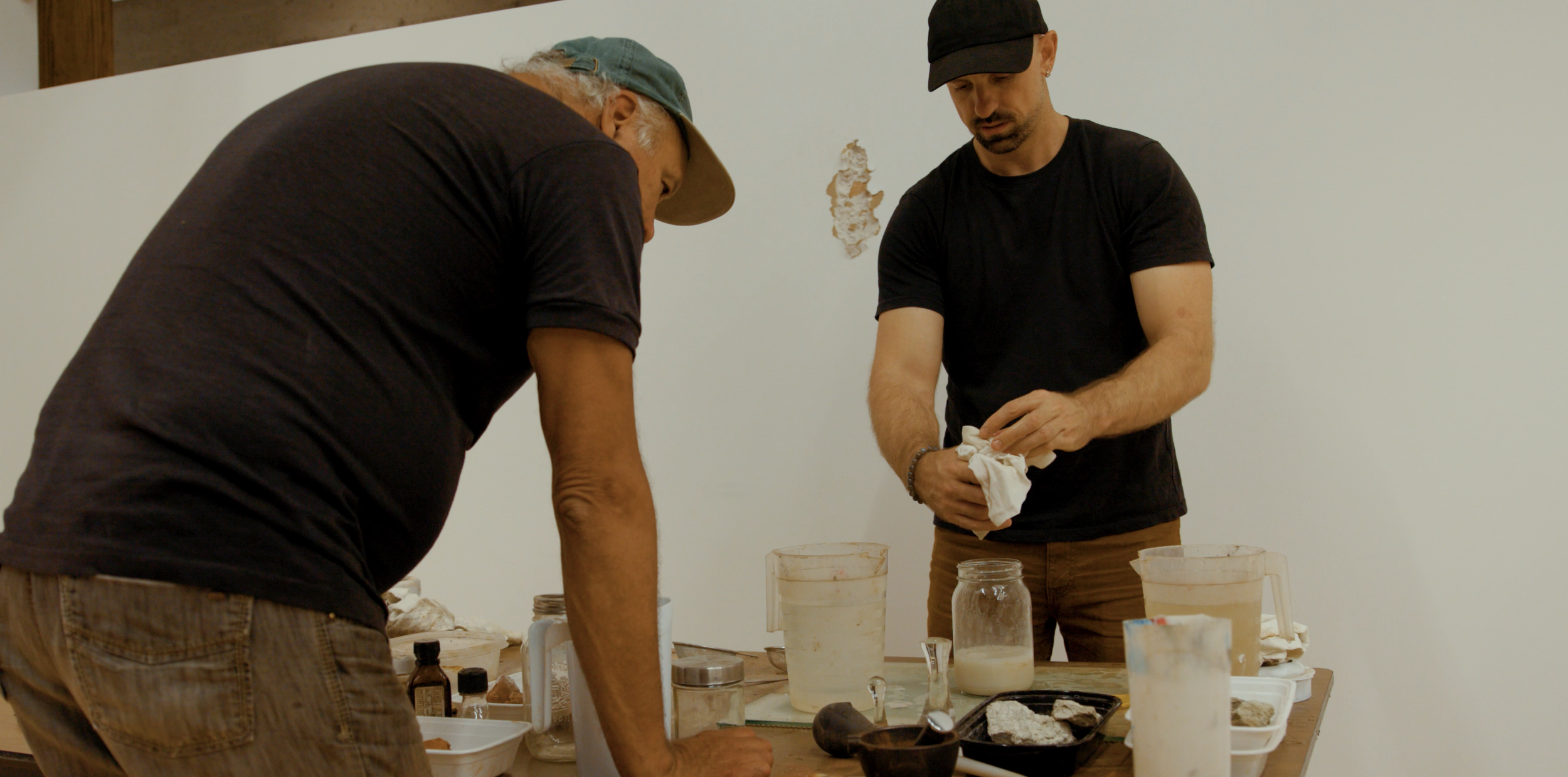  To paint on the rock face, I (settler), worked with artist and curator William Kingfisher (Chippewas of Rama First Nation, Rama) to process, bind mineral and apply mineral colours from the landscape.  