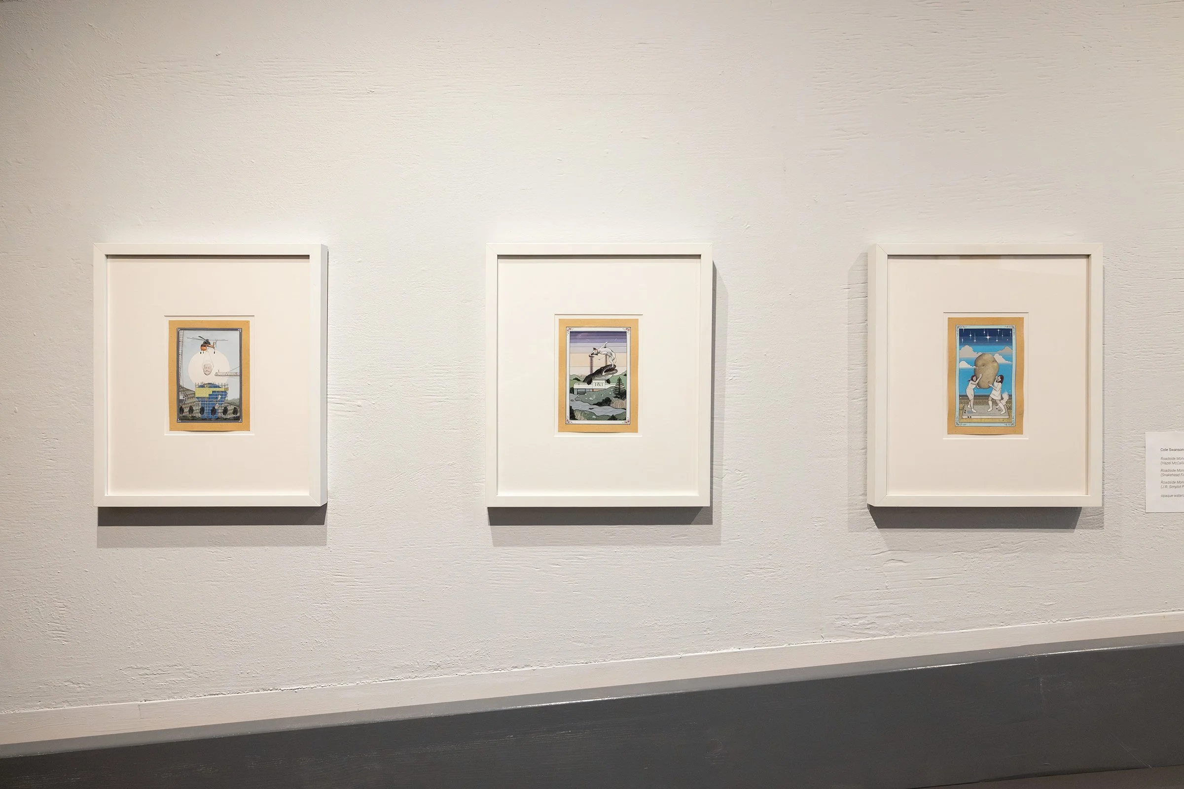   Roadside Monuments (Mississauga, Burnaby, Portage La Prairie) , opaque watercolour on wasli, 7” x 5.5” each, 2011 - 2012.   This collection represents the earliest embodiments of my miniature painting practice. Exploring land relations and Canadian