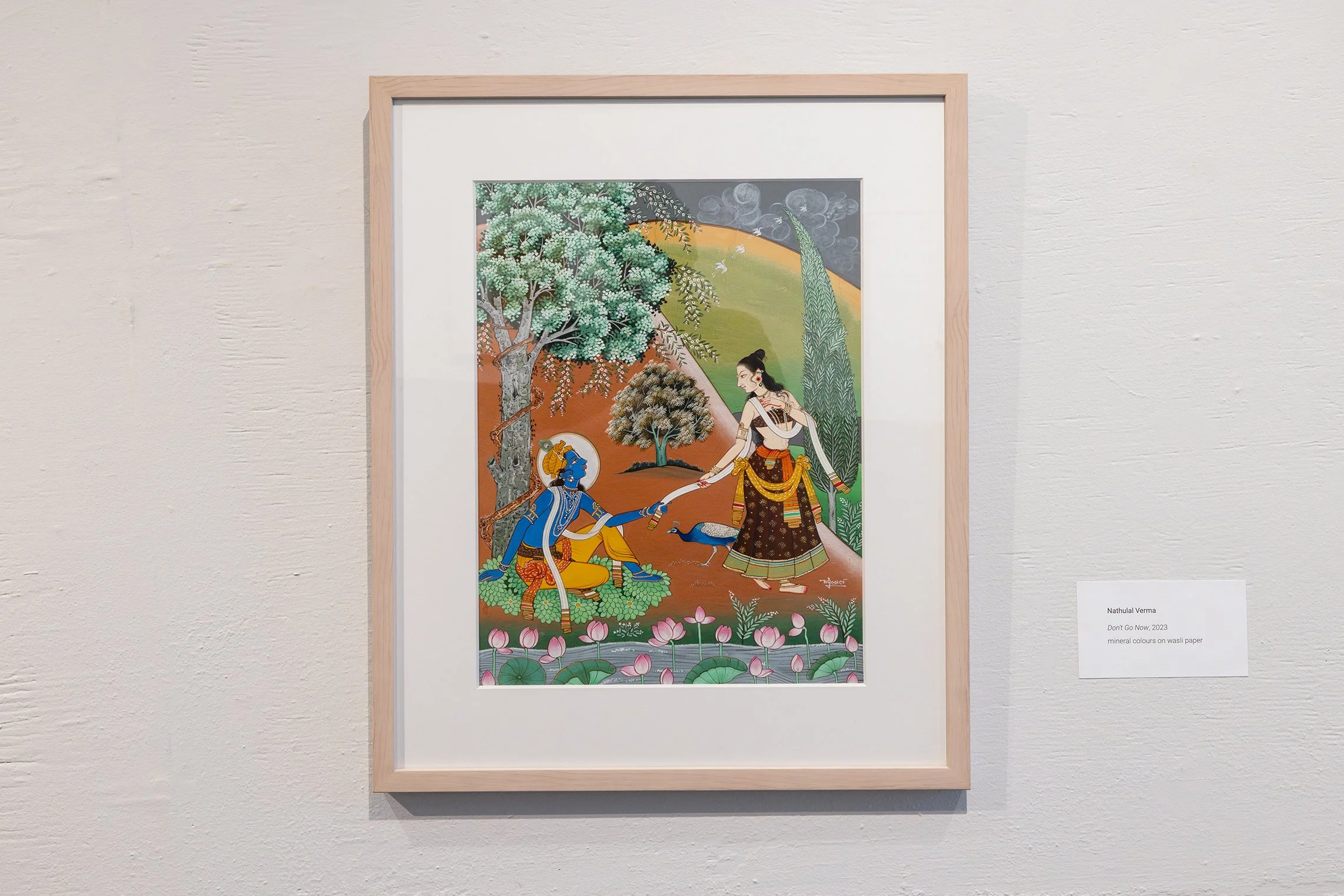  Nathulal Verma,  Don’t Go Now , hand-prepared mineral colours on wasli, 18” x 24”, 2023  This painting was created by Jaipur-based artist Nathulal Verma, whose adoption of traditional and modern methods has innovated the form of the miniature in sig