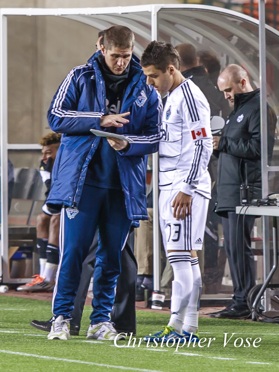 Carl Robinson spoke with Michael Nanchoff before he came on as a substitute in the first leg of the 2012 CSA Cup Semi-Final against FC Edmonton at Commonwealth Stadium on 3 May 2012.
