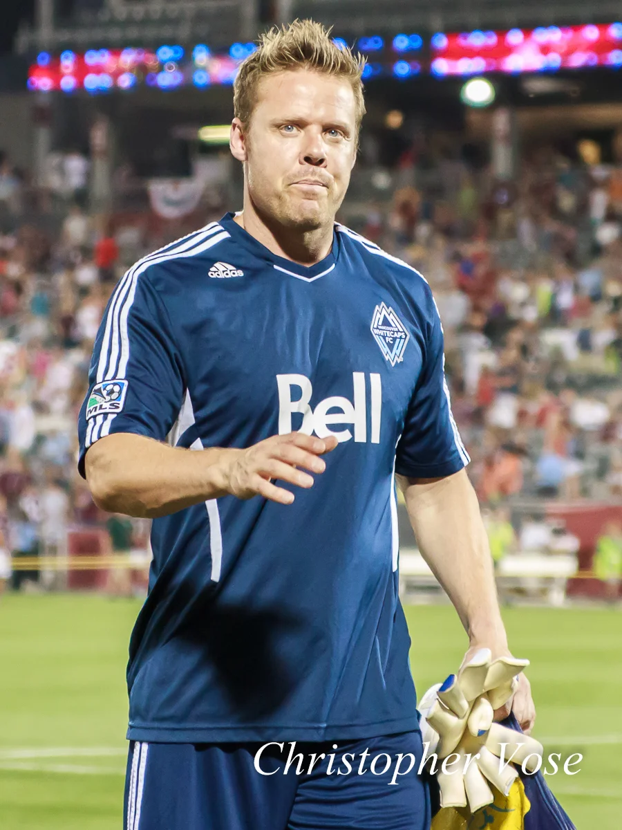 Marius Røvde approaches the away supporters section after Vancouver Whitecaps FC beat Colorado Rapids SC 1-0 at Dick's Sporting Goods Park on 4 July 2012.