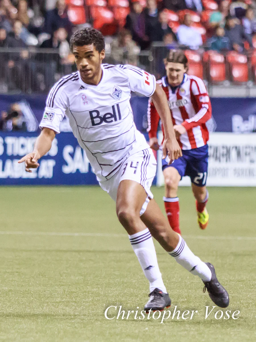 Caleb Clarke takes a run at the CD Chivas goal at BC Place on 3 October 2012.