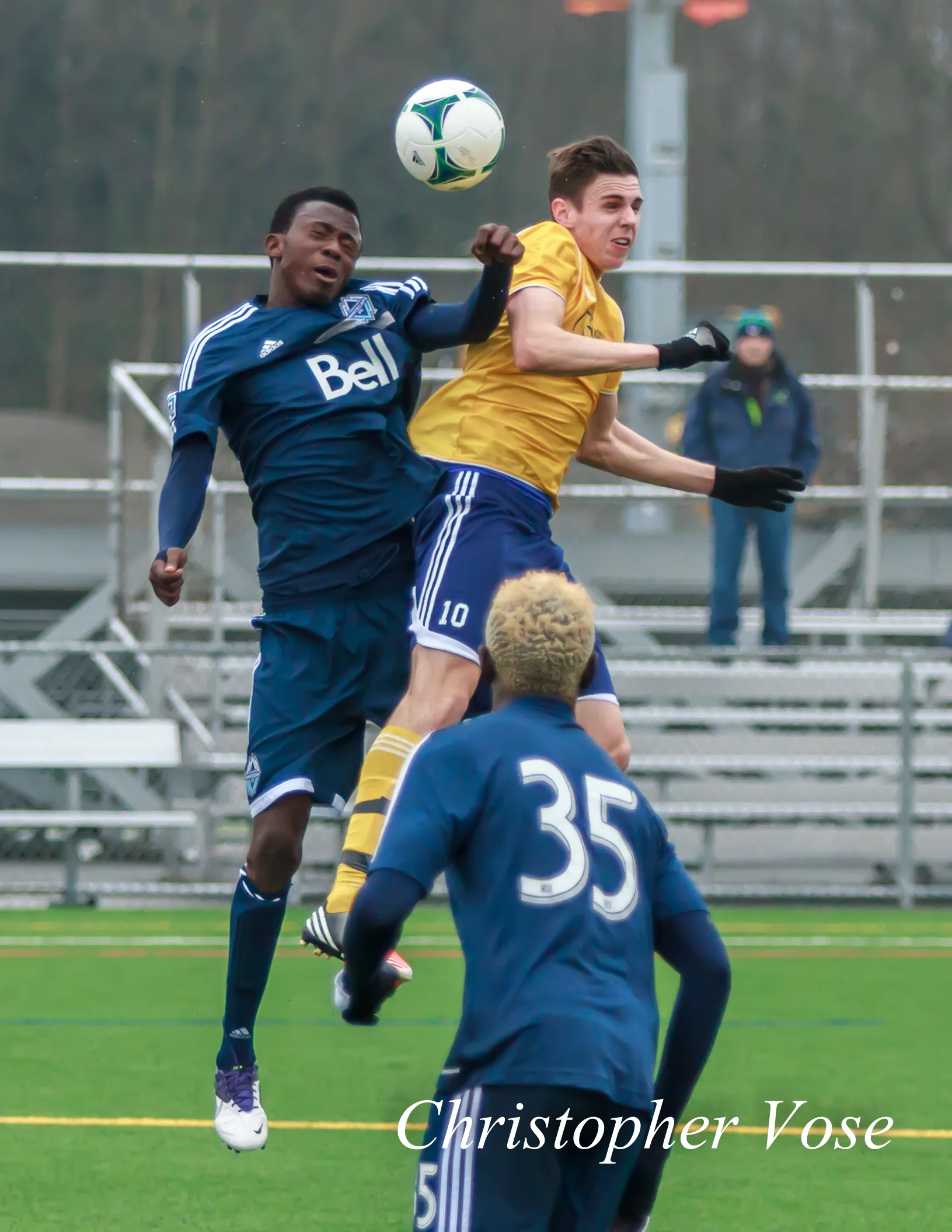 Aminu Abdallah and Brayden Gant battle for the ball at the Burnaby Lake Sports Complex on 11 February 2013.