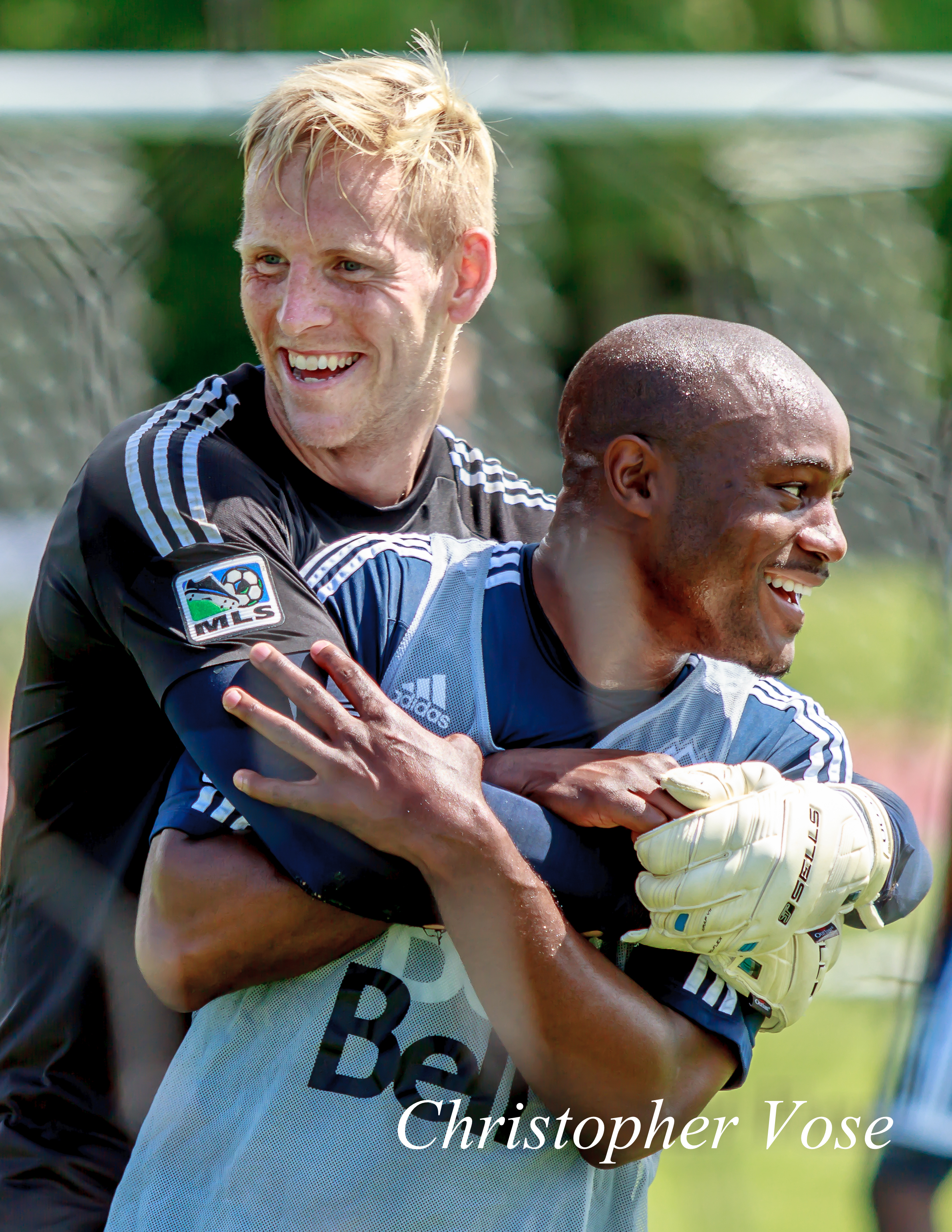 David Ousted and Nigel Reo-Coker horsing around at the National Soccer Development Centre on 10 July 2013.
