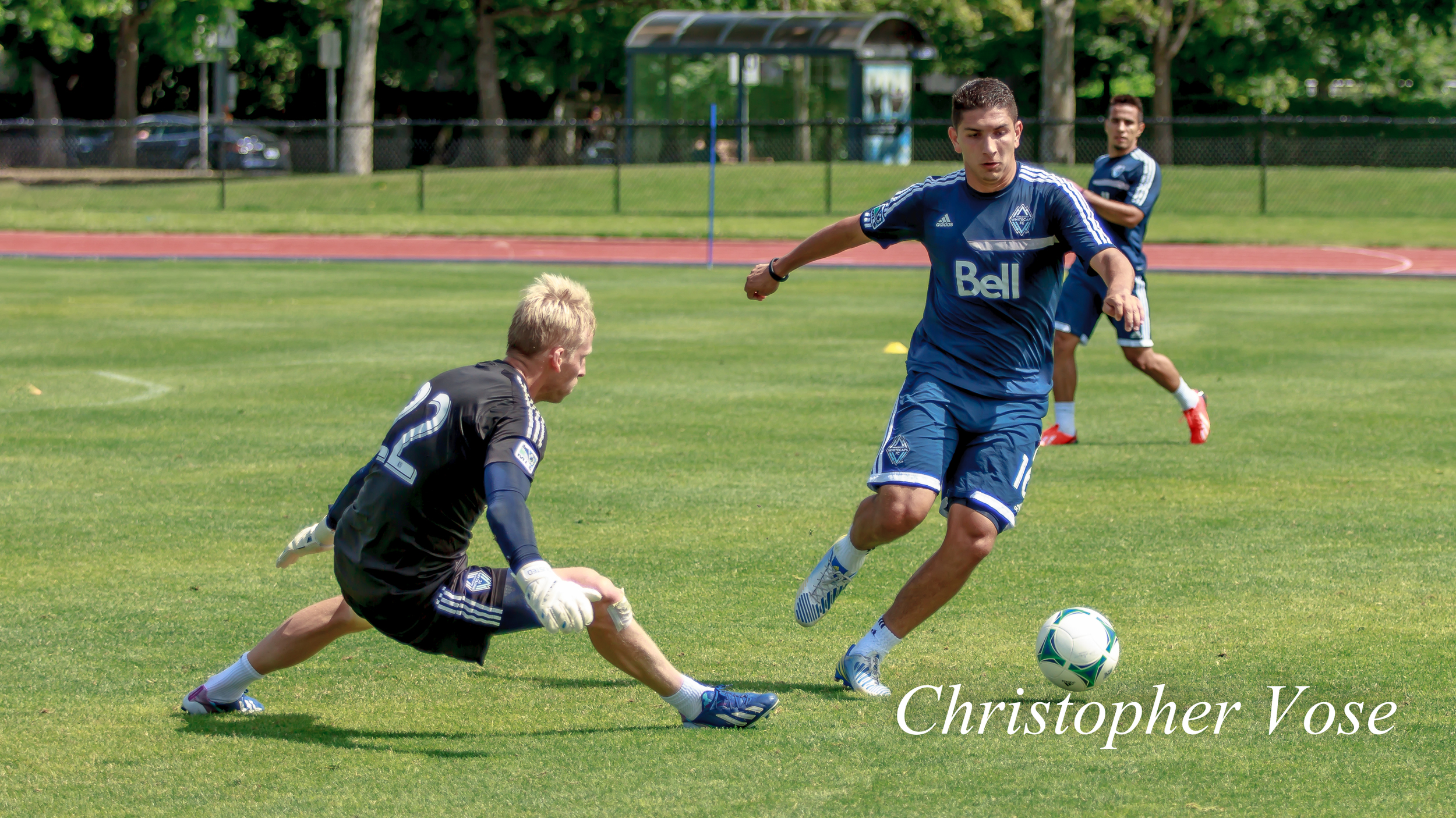 Johnny Leverón tries to slip past Vancouver goalkeeper David Ousted at the National Soccer Development Centre.