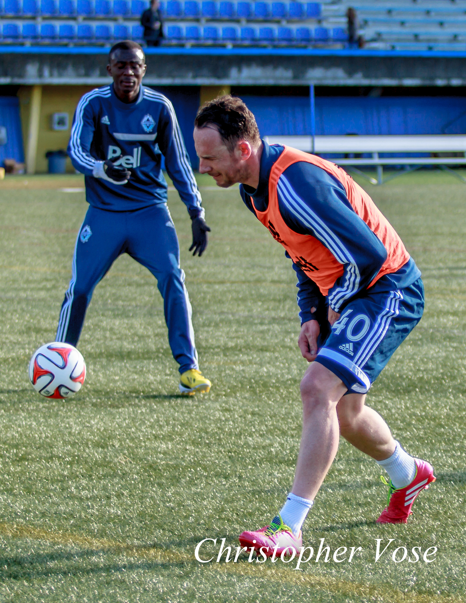 Andy O'Brien unconventionally blocks a shot at Thunderbird Stadium on 14 February 2014.