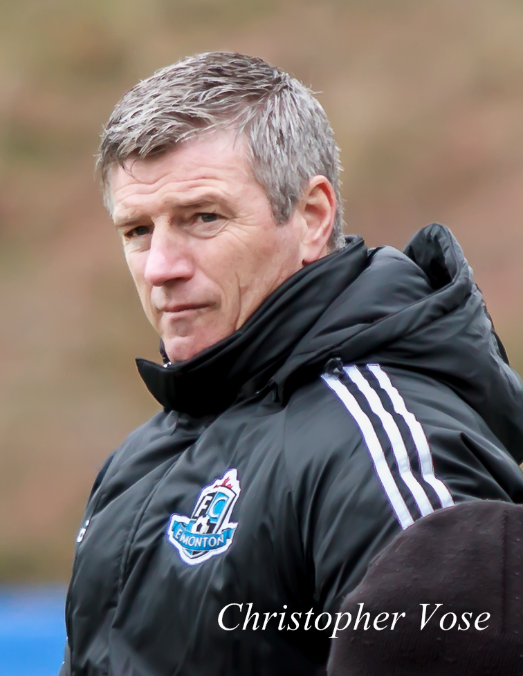 FC Edmonton manager Colin Miller after the Rabbits concede a goal at Thunderbird Stadium on 29 March 2014.