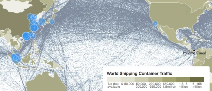 World Shipping Container Traffic Project exploring the impact of the proposed Nicaragua Canal Interactive map shows the flow of containers from land to sea and vice versa. Circles show the top 20 ports worldwide, scaled by volume of container traffic. Lines show global shipping voyages for 2007. Sources: World Bank , World Shipping Council , National Center for Ecological Analysis and Synthesis