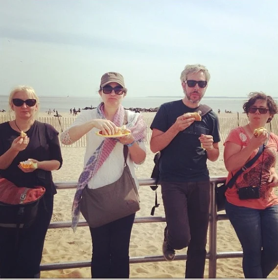 Some of the crew eating Nathan's dogs at Coney Island. In pursuit of other iconic pop-cultural experiences, I also went to both the basketball and the baseball. LET'S GO, NETS/METS. (Thanks for the photo, SC.)