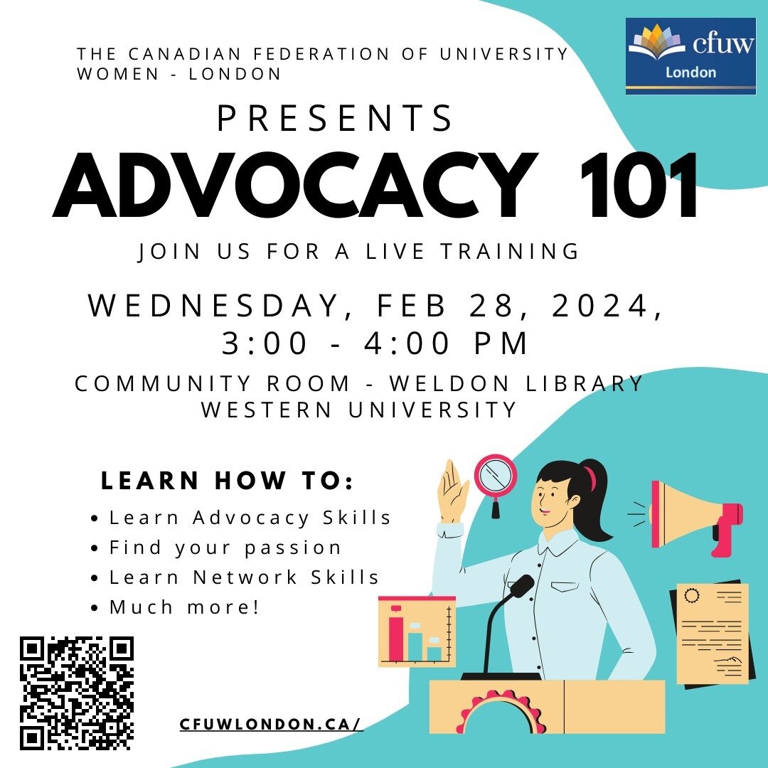 CFUW-London Club hosts an Advocacy 101 training on Wednesday, February 28th, 3:00pm at the Community Room - Weldon Library at @westernuniversity. 

Join the session and learn how to be an advocate for social issues you care about and so much more! 


