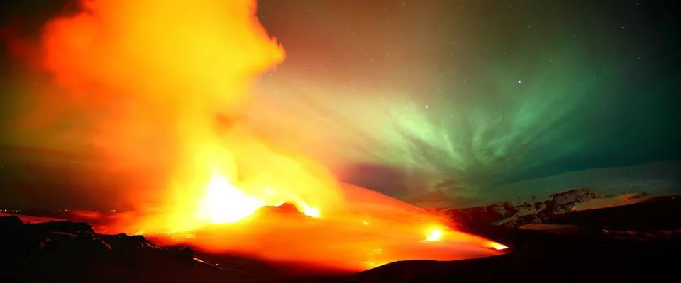 Erupting Volcano & Northern Lights