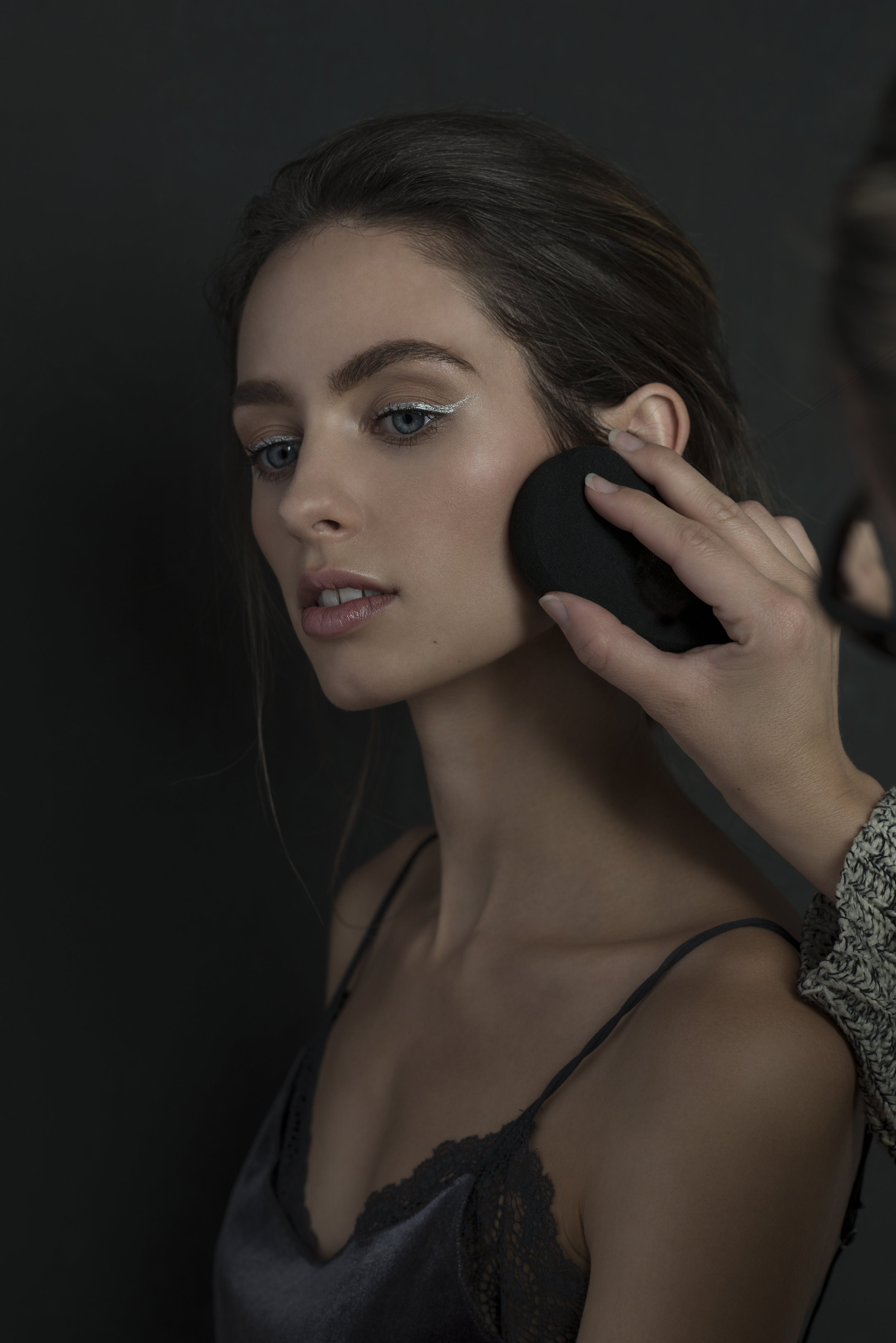 Silver winged eyeliner. Photographed by Toriglia & Co. Makeup/Hair: Katie Elwood Model: Andee (Key Model Management) #WingedEyeliner #Eyeliner #Beauty #Makeup #BeautyBlender #Photoshoot #BTS