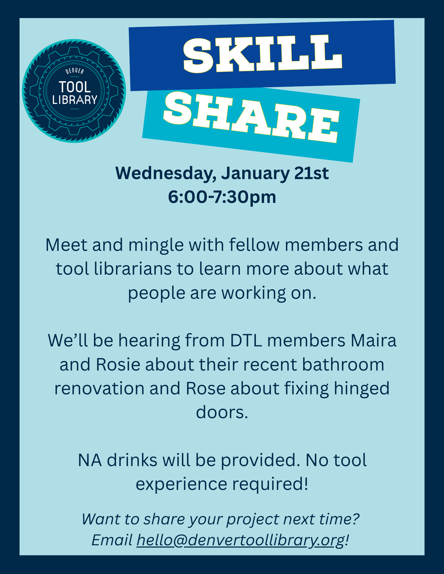 Skill Share Registration Open! Jan 21st 6pm - 7:30pm