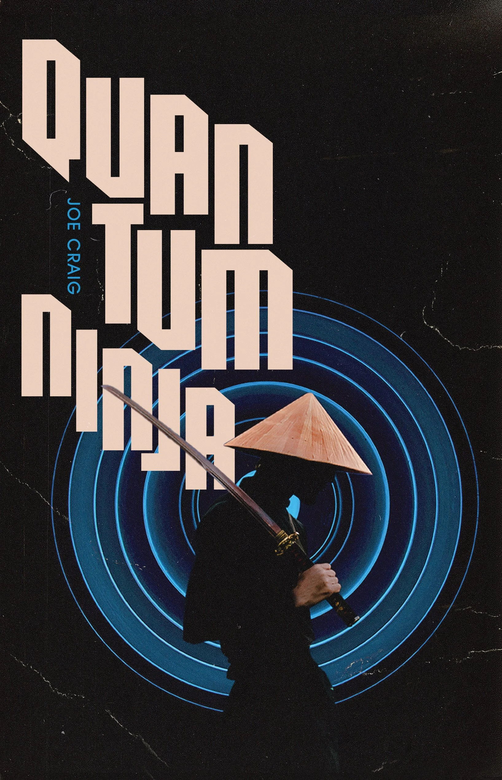 A Ninja, looking pretty cool, in shadow, with a sword, head dipped. Strange blue circles illuminate the dark background. Probably something to do with time travel.