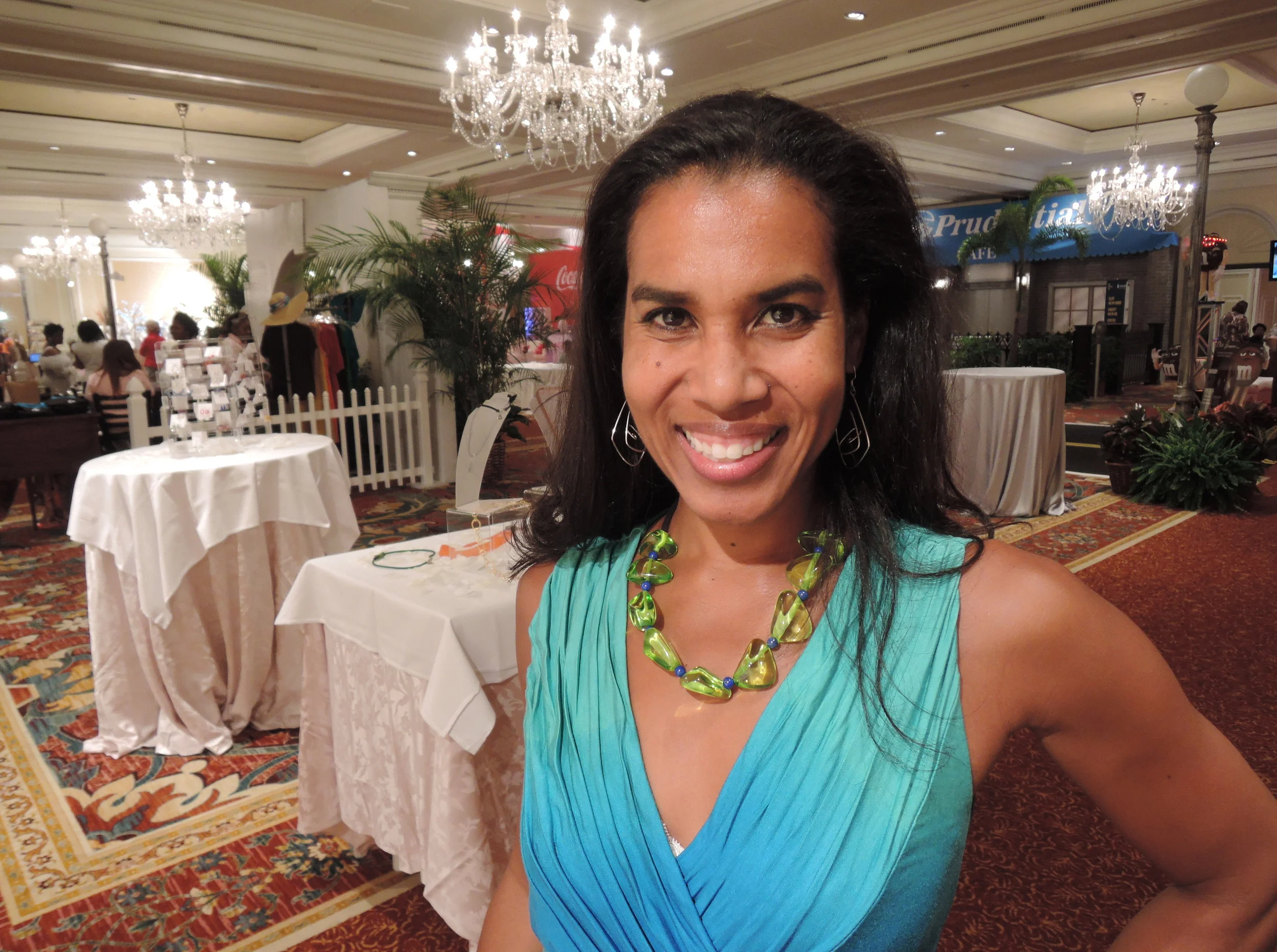 Leslie Lewis, Producer a woman who is intuitively always in the right space, wearing her  'Limeade' resin beads from Brazil and lapis lazuli a perfect accessary for Summer frocks.  Oh and notice her sculpted silver earrings.  