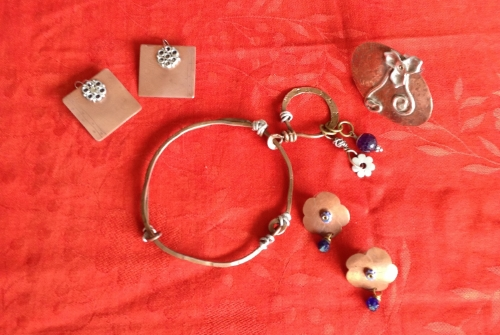  Bracelet and Earrings, Copper, Aluminum, Glass