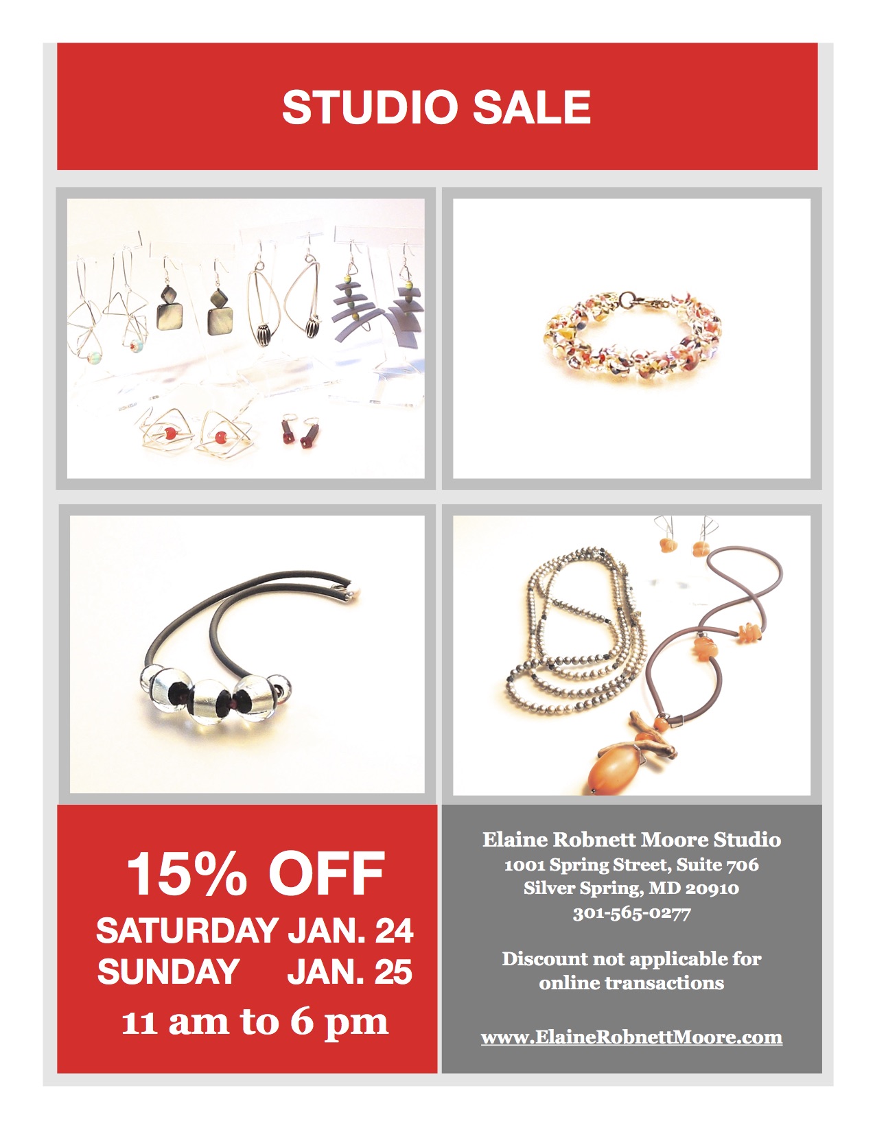 It is time again for me to shop for new components from which I will create my next collection. This year I have decided to offer you, my loyal clients, an opportunity to take advantage of my need to make room for new pieces. Come and shop till you drop! You can apply your discount from now until January 25. However if you wish to shop online the process is as follows. Select the pieces you want and contact me directly elaine.beads@gmail.com or call 301-565-0277 and I will process your purchase. Looking forward to seeing you on the 24th or 25th of January.