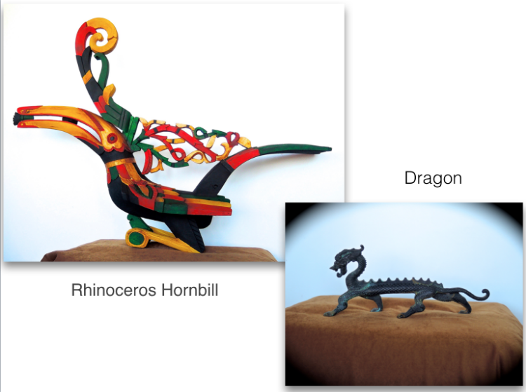 The Hornbill is both an important bird and cultural symbol for the people of Sarawak especially the Dayak communities. The Rhinoceros hornbill the best known of all the species, is the State's emblem. For the Dayaks, male hornbills signify the spirit of God and they must be treated with respect. Hornbill elements are incorporated into their arts, dances, carvings, and ceremonial dresses. This hornbill (Kenyalang) was carved by Tutu anak Ragu, the headman of Rumah Tuntun Longhouse. The Dragon symbolizes strength, health, harmony intellect, wisdom and is seen as female. She is a grounding force. These are the symbols of Malaysia I brought back from Kuching. They now reign supreme in my living room. 