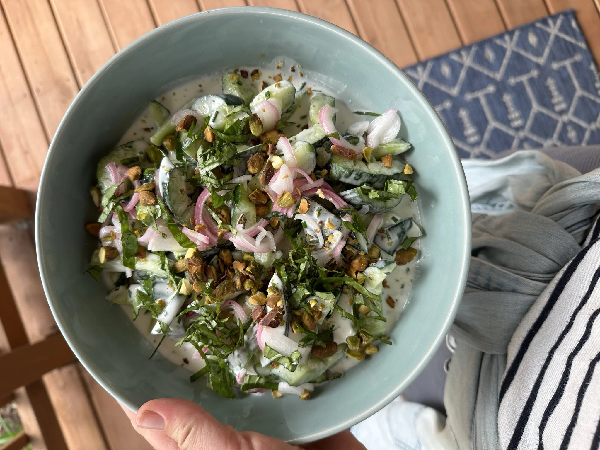 SMASHED CUCUMBERS WITH BUTTERMILK, PISTACHIOS &amp; BASIL