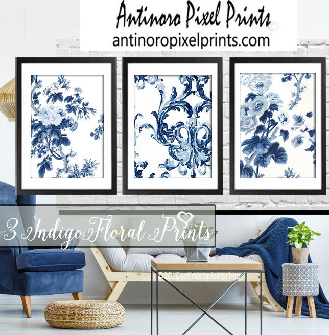 Custom Canvas Art Floral Indigo Blue White Includes 3 Wall Art Print Onto Canvas Size 16x20 Custom Colors Available 274508954 Antinoro Pixel Prints