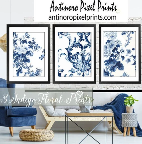 Blue White Watercolor Floral Wall Art Prints Antinoro Pixel Prints