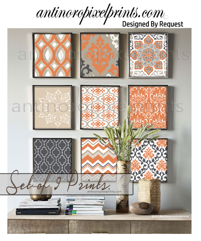 antinoro pixel prints set of 9 damask orange art prints sept.jpg