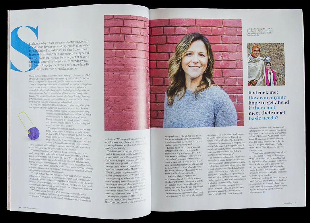 Feature about Wello founder Cynthia Koenig, whose Wello design helps transport water to people in need. 