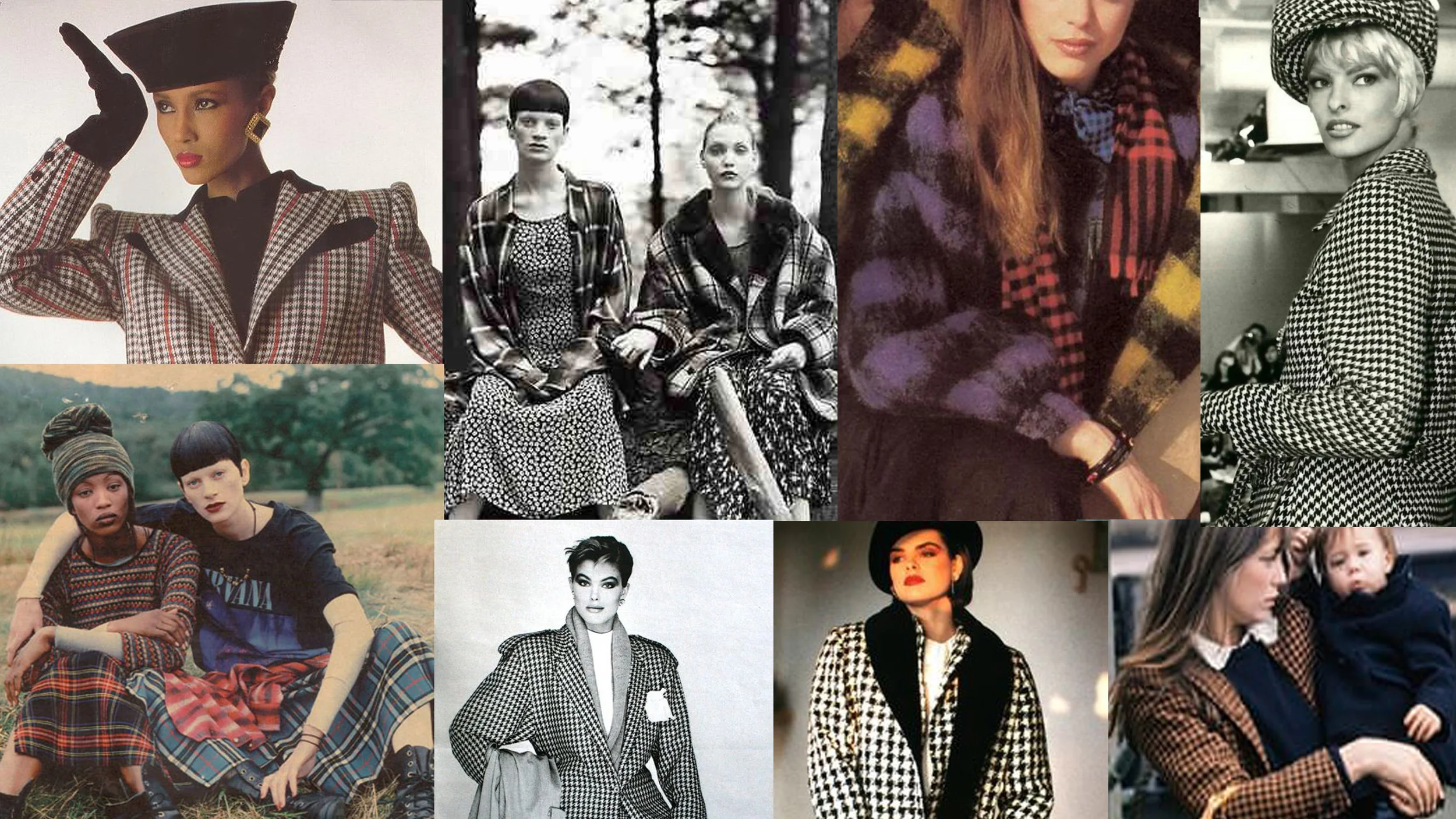 Clockwise from top Left: Iman 1980s, Perry Ellis by Marc Jacobs Fall 1992, Buffalo Plaid Vogue 1990, Linda Evangelista 1990s Anna Sui Show, Jane Birkin 1970s,