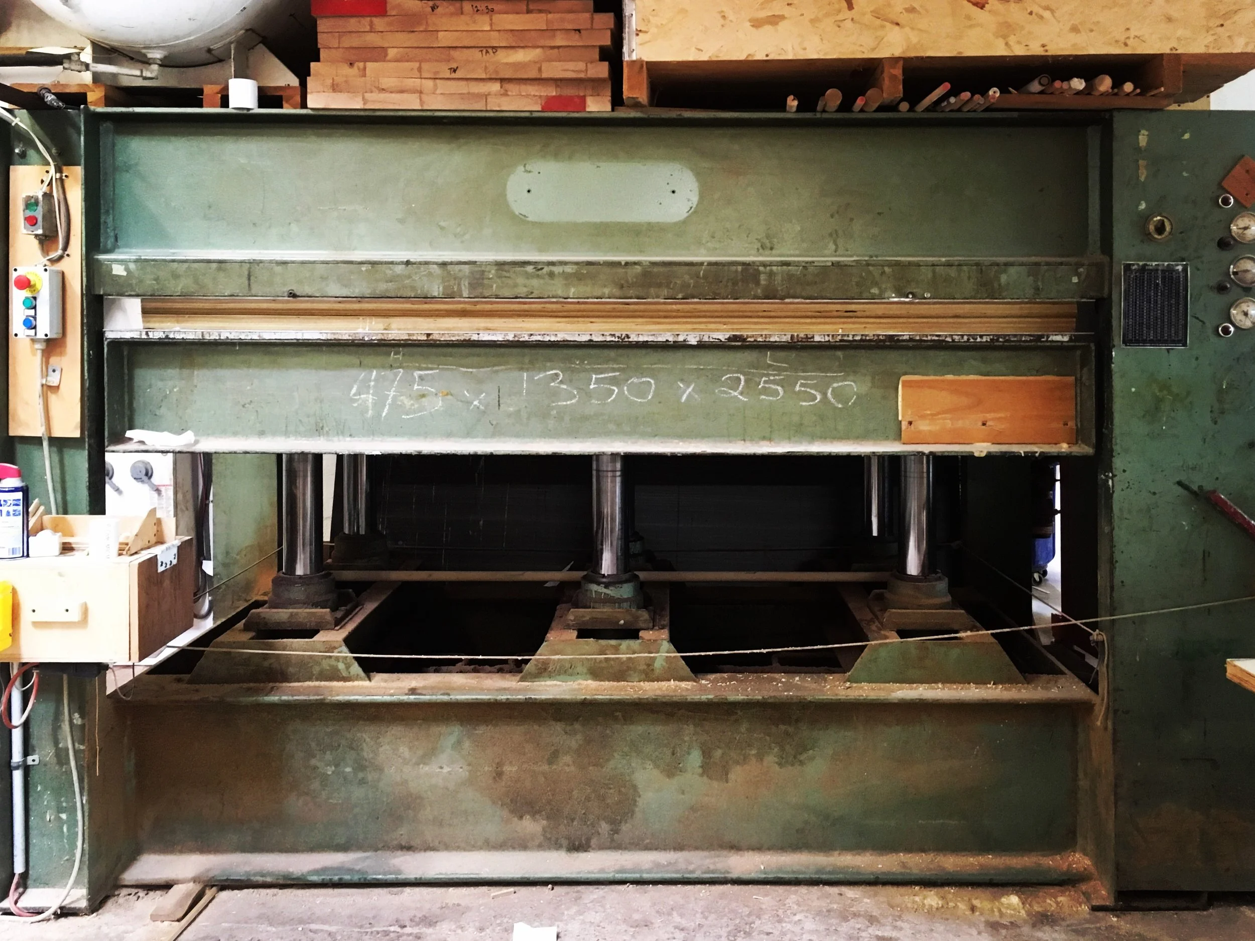  Veneering of LVL sections using an industrial wood press at  Breakfast Woodworks, Inc.&nbsp;  
