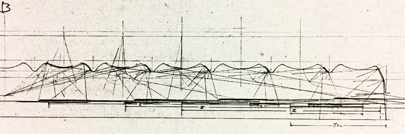 Original sketches by Aalto attempting to visualize the scattering of sound within a section of his library auditorium in order to determine an optimal ceiling contour