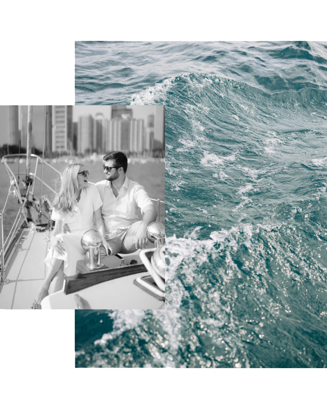 couple on a sailboat on lake michigan with chicago in the background for romantic engagement photos