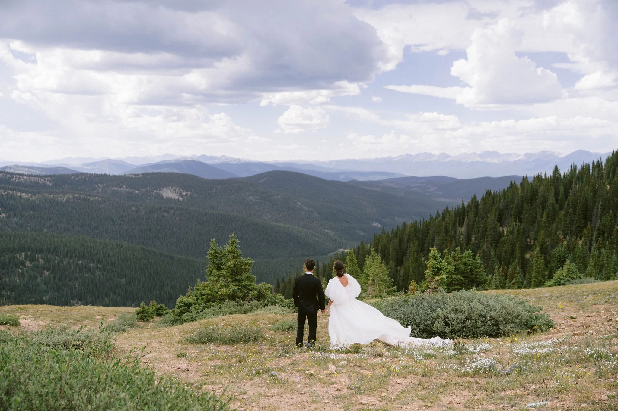bride and groom look out over the mountain pass together at sweeping mountain views