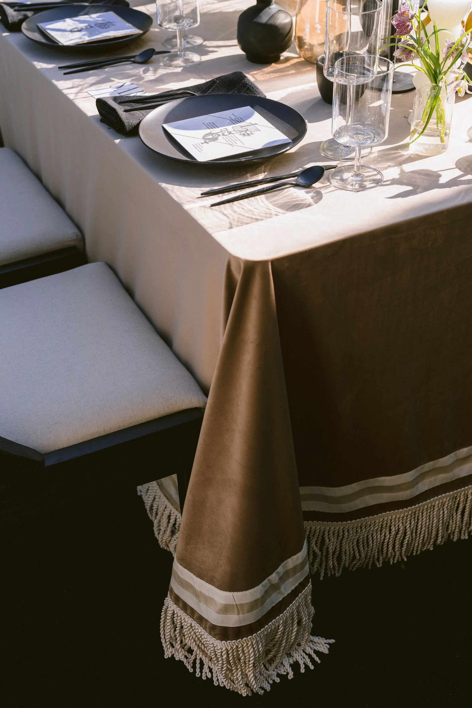 custom tassel linens for reception table at greencrest manor
