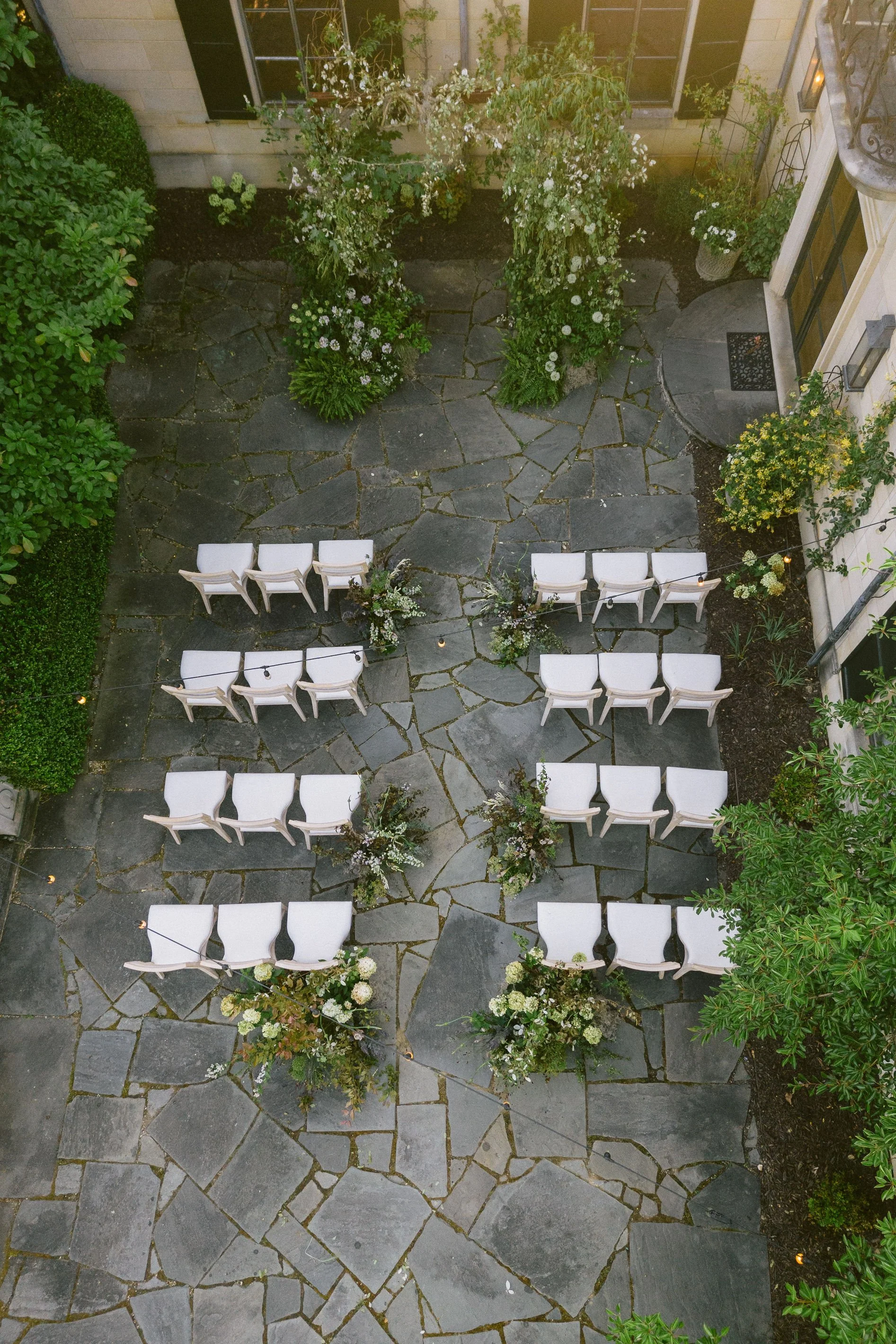 drone photo fo the ceremony on the terrace at greencrest manor