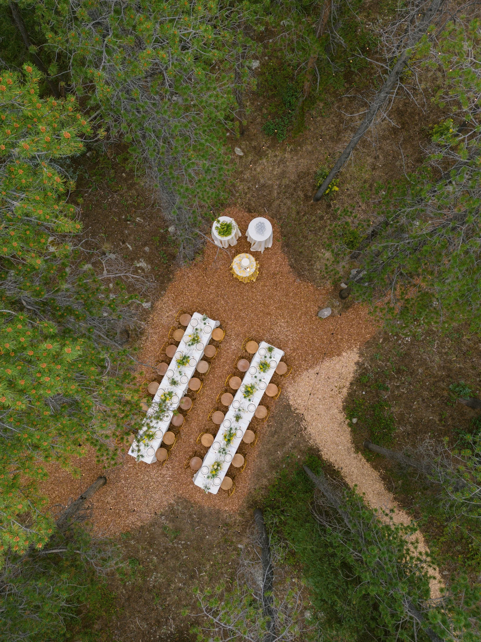 drone photograph of wedding reception layout in the pinetrees from directly overhead