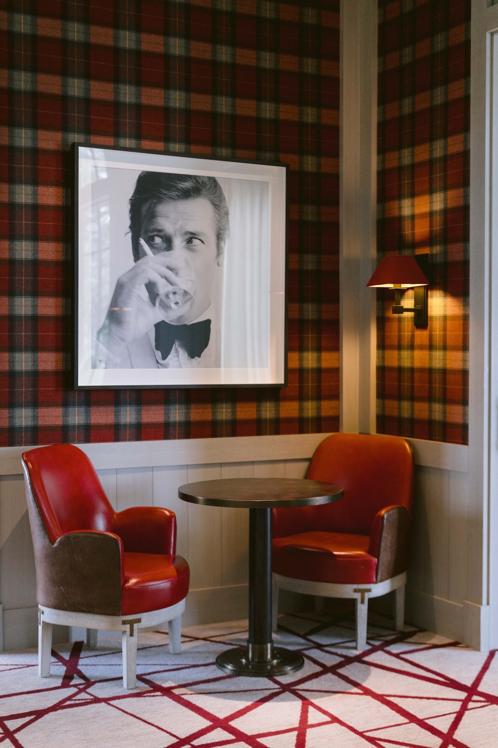 Corner of the Aspen Mountain Club at the Little Nell with plaid wallpaper and abr vibes
