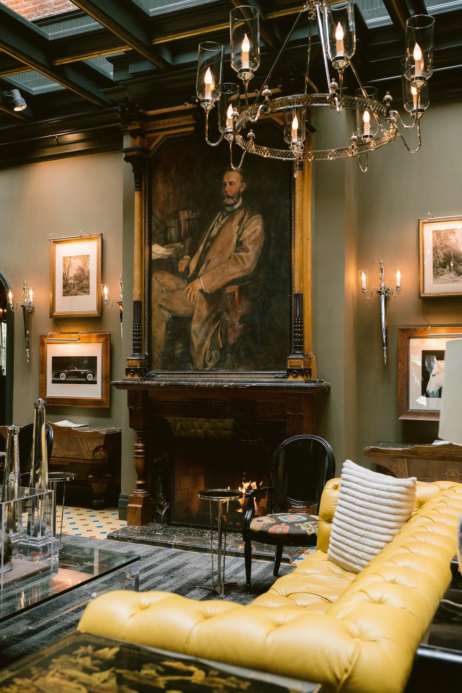 The lobby and fireplace at Hotel Jerome in Aspen