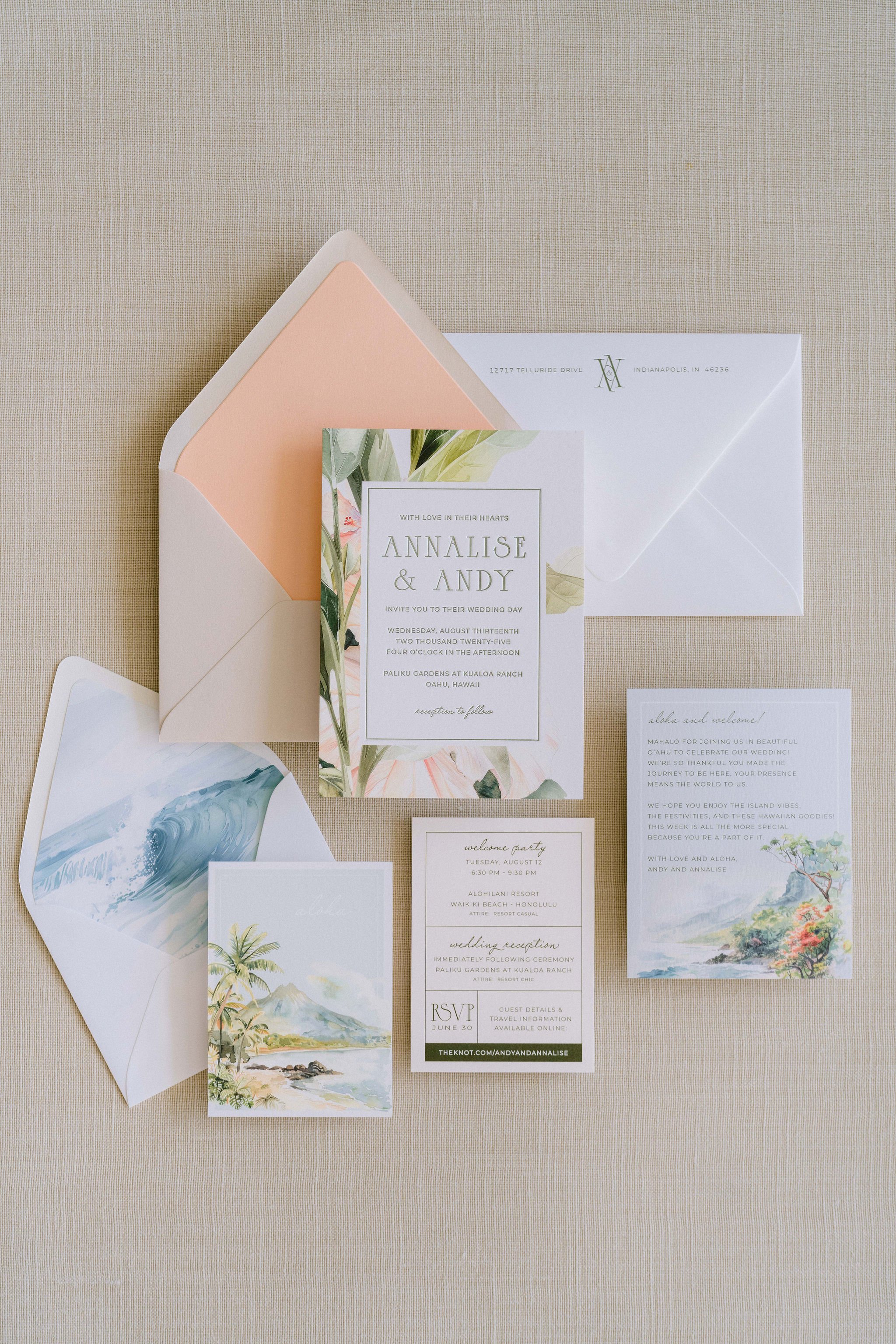 old world hawaii inspired wedding invitation suite