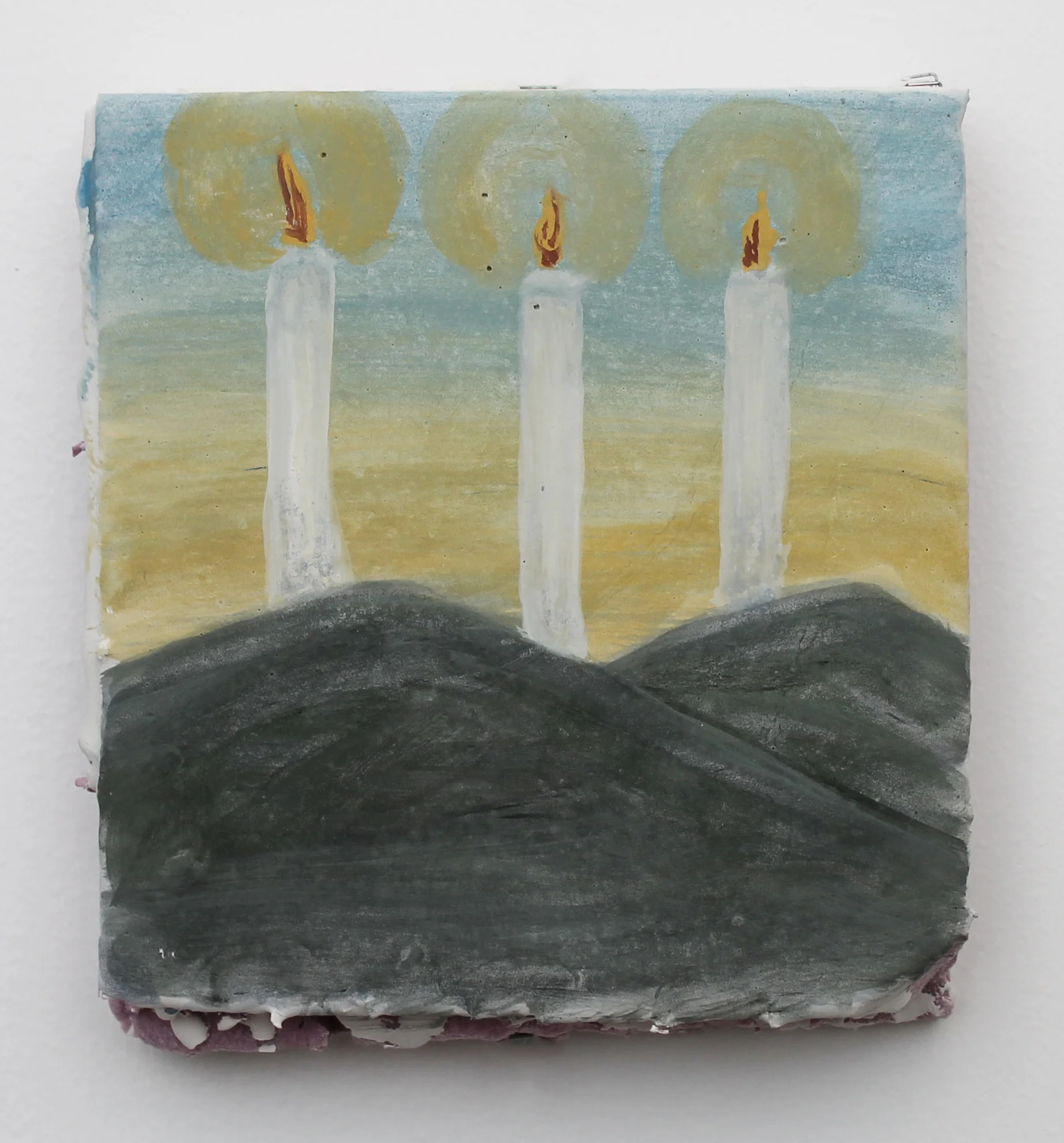 Three Candles In A Landscape, 2017 Milk paint, matte acrylic, plaster, on foam 7.5x 7x 1.5"