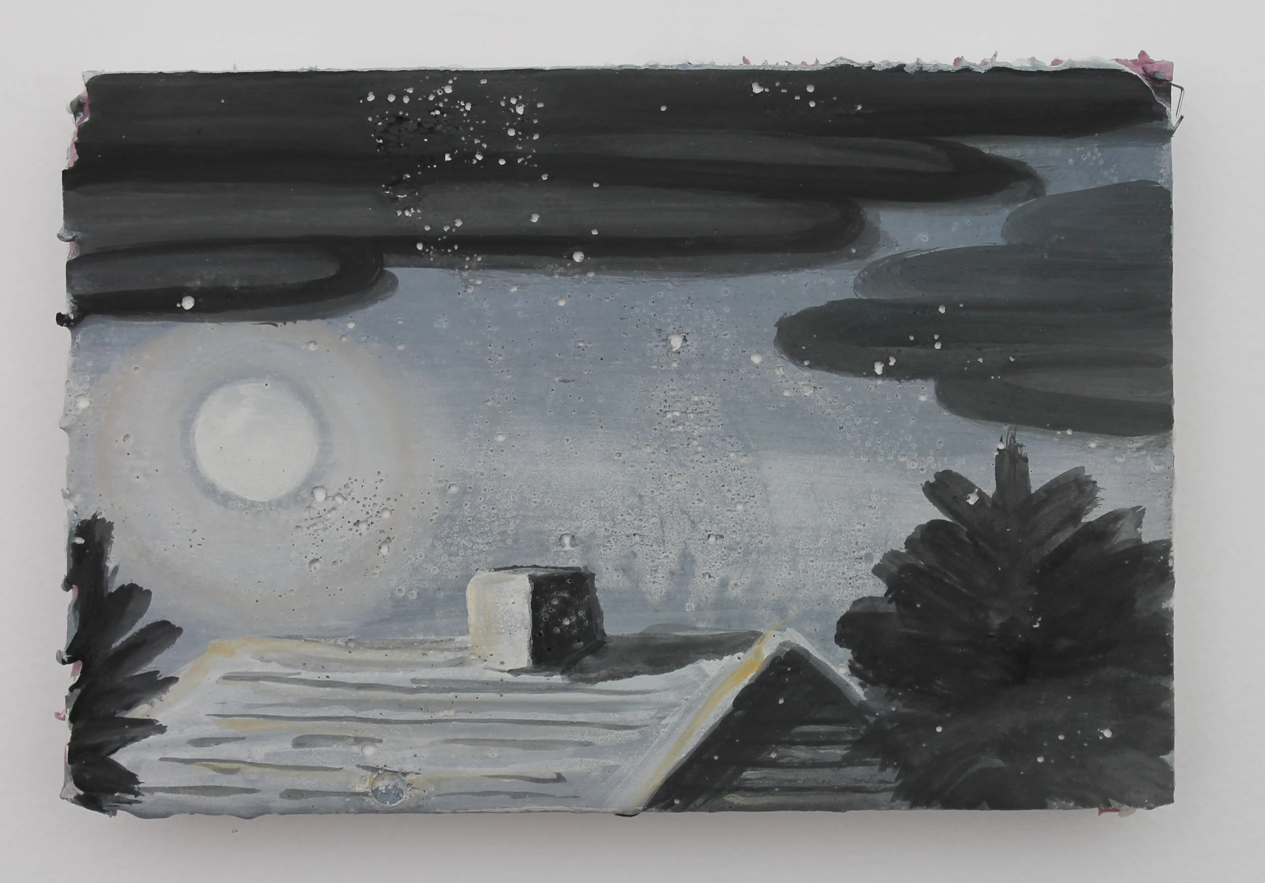 Moon Lit Rooftop, 2017 Milke paint, matte acrylic, plaster on foam 7x 10.5x 2"
