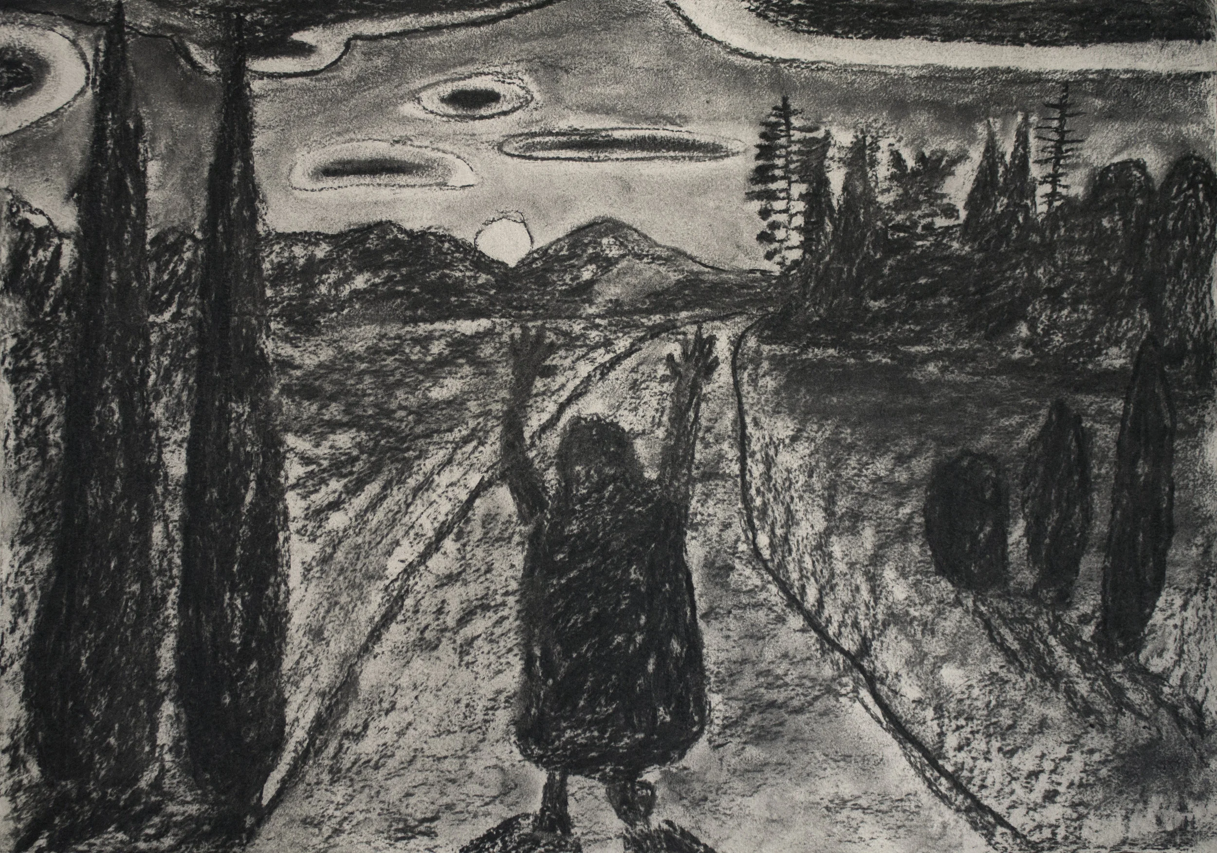 Fleeing , 2018 Charcoal on handmade paper 14"x20"